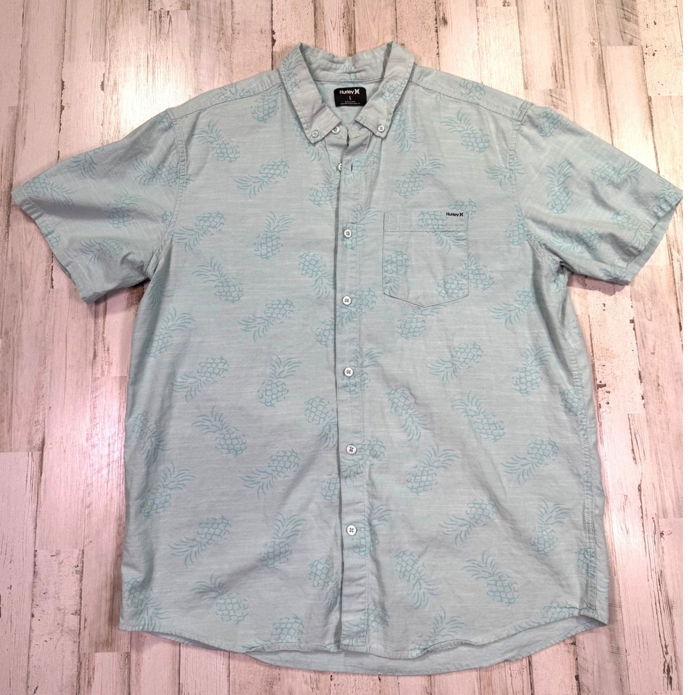 Hurley Button Down Mens Large Blue‎ Pineapple Hawaiian Short Sleeve Skate Shirt